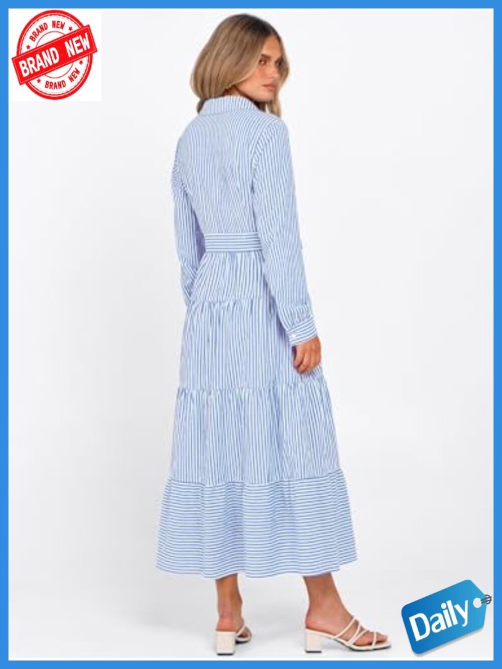 Long Sleeve Striped Flowy Maxi Dress with Button Down Ruffle Hem - Casual - Picture 4 of 6
